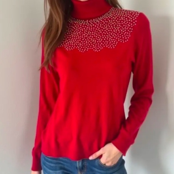Red knit turtleneck with gem accents - Picture 1 of 6